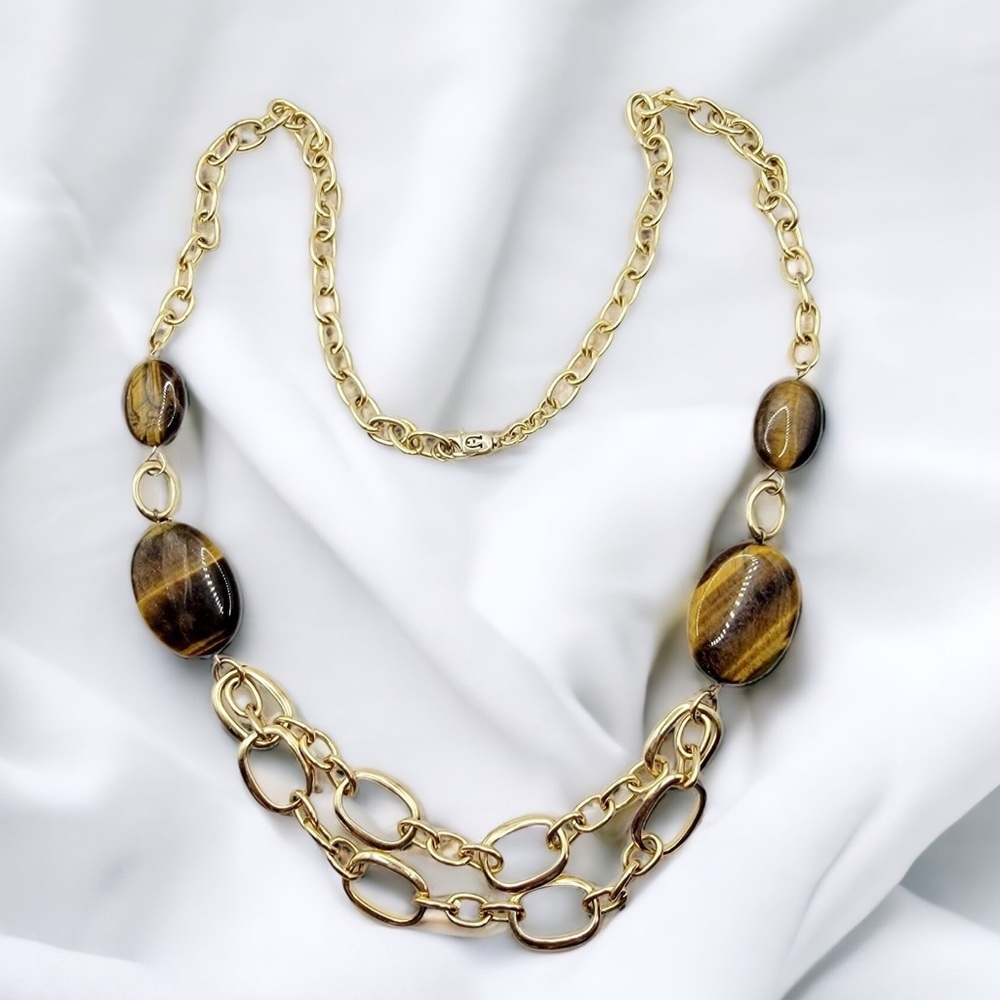 Etienne Aigner Tigers Eye Gold Tone Multi-Strand Chain Link Necklace